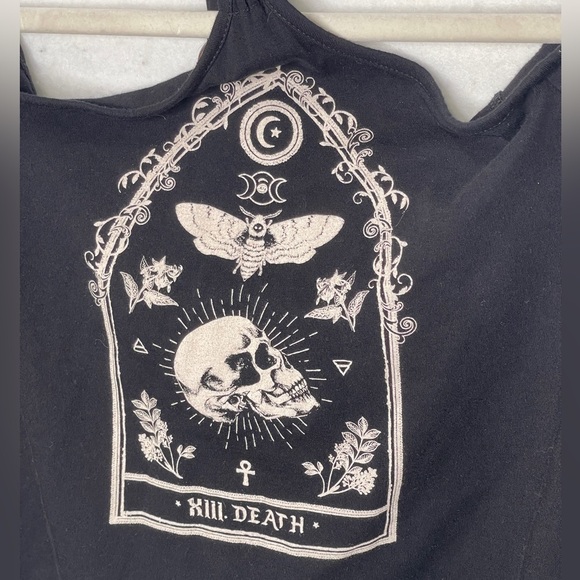 Midnight Hour Skull Tarot Card Graphic Print Long Sleeve Mid Length Goth Shirt - Picture 3 of 7